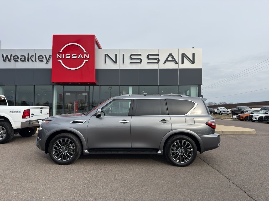2024 Nissan Armada Platinum in Gun Metallic — front three-quarter view