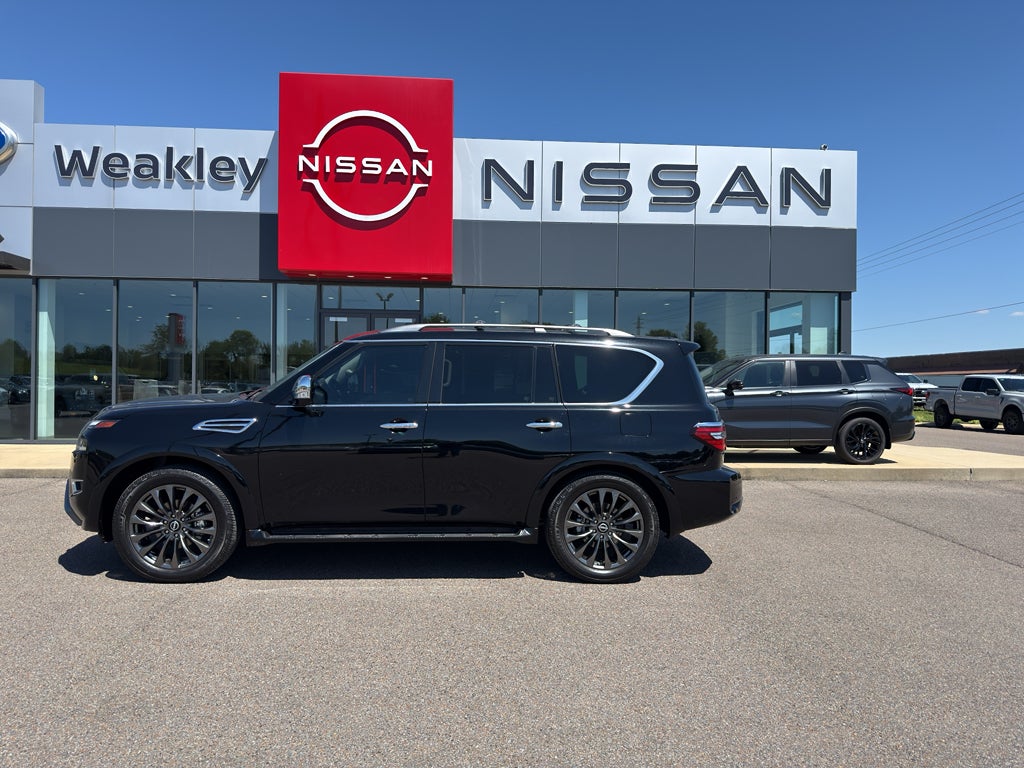 2023 Nissan Armada Platinum in Super Black — front three-quarter view